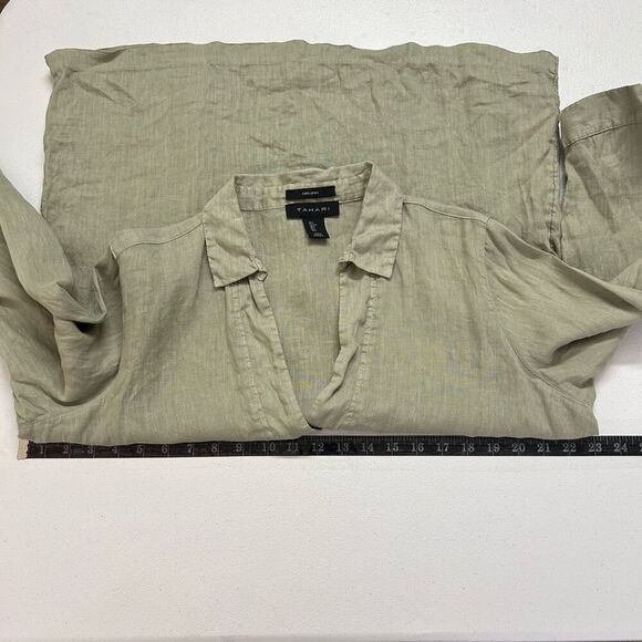 Tahari Green Split Neck 3/4 Sleeve 100% Linen Lagenlook Tunic Top Women's Large - Picture 7 of 9